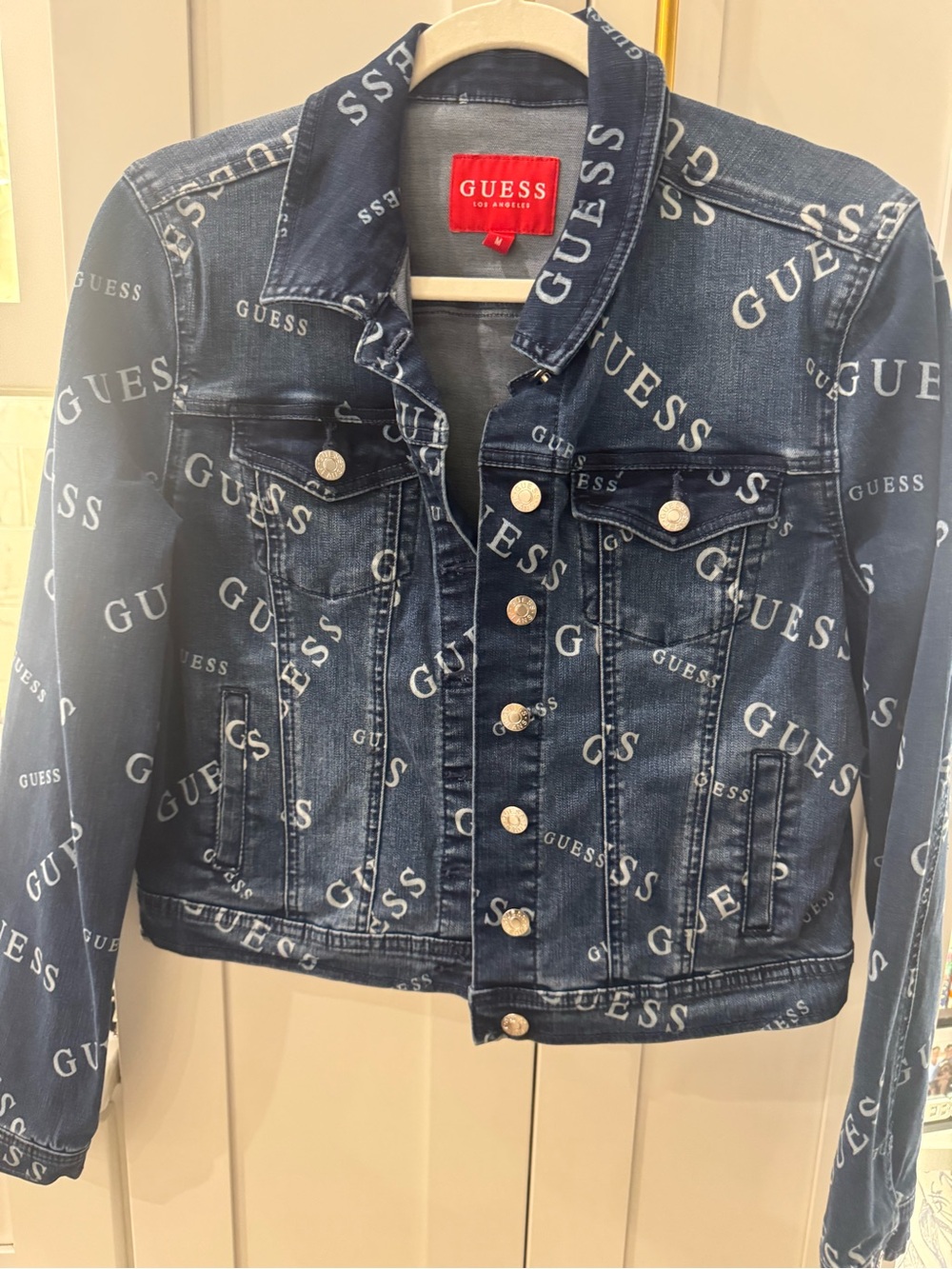 Guess Denim Jacket with White Logo Print on Dark Blue